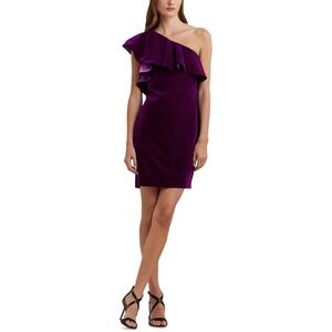 Ralph Lauren Dress Women 16 Purple Velvet Ruffle Party Cocktail One Shoulder NWT